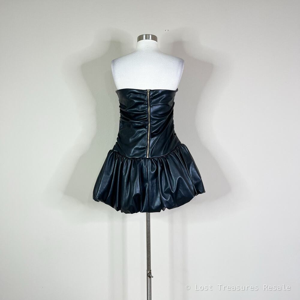 AKIRA | Black Faux Leather Bubble Hem Fitted Drop Waist Strapless Mini Dress XL - Picture 6 of 11